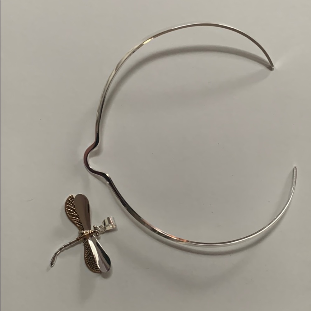 Silver Bangle necklace with dragonfly pendant.